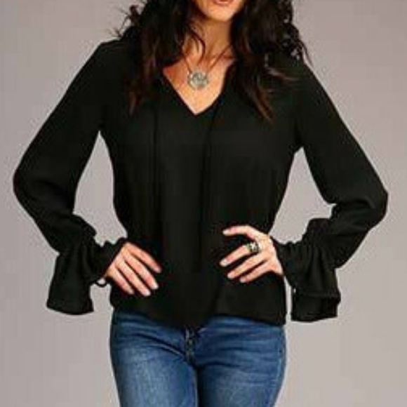 Women's Black Crepe Ruffle Sleeve Tie Up Blouse, by Stetson sz XS - Picture 2 of 4